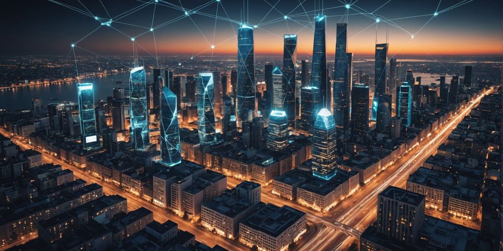 Futuristic city with glowing network lines