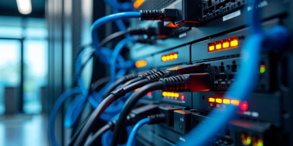 Modern data center with servers and networking equipment.