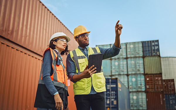 port workers discussing inventory